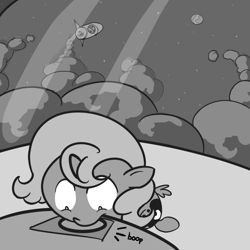 Size: 800x800 | Tagged: safe, artist:perrydotto, princess luna, alicorn, pony, boop, button, grayscale, missile, monochrome, moon, nuclear weapon, smoke, solo, woona