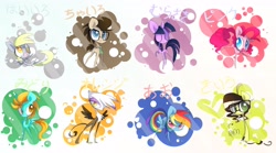 Size: 3240x1800 | Tagged: dead source, safe, artist:yuji8sushi, derpibooru import, derpy hooves, doctor whooves, gilda, lightning dust, pinkie pie, rainbow dash, twilight sparkle, oc, earth pony, griffon, pegasus, pony, unicorn, eyes closed, female, glasses, japanese, mare, necktie, raised hoof