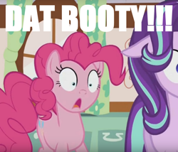 Size: 864x740 | Tagged: safe, edit, edited screencap, screencap, pinkie pie, starlight glimmer, earth pony, pony, no second prances, caption, image macro, plot, shocked, stare, the ass was fat