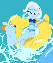 Size: 916x1080 | Tagged: safe, artist:grapefruitface1, derpibooru exclusive, trixie, equestria girls, i'm on a yacht, spoiler:eqg series (season 2), base used, feet, fetish, foot fetish, pool toy, solo, splash, swimming pool, water, wiggling toes