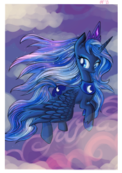 Size: 1200x1700 | Tagged: safe, artist:renaifoxi, princess luna, alicorn, pony, female, flying, horn, mare, solo