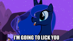 Size: 625x348 | Tagged: safe, edit, edited screencap, screencap, princess luna, alicorn, pony, luna eclipsed, cute, dialogue, female, image macro, implied licking, licking, mare, solo, tongue out