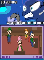 Size: 563x769 | Tagged: safe, princess luna, human, clone, exploitable meme, gamer luna, gamer meme, luigi, luigi's mansion, luigi's mansion: dark moon, meme, nintendo, obligatory pony, super mario bros., tv meme