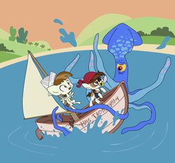 Size: 1500x1400 | Tagged: safe, artist:shinjitoo, featherweight, pipsqueak, princess luna, alicorn, pony, squid, ponyville confidential, the show stoppers, boat, colt, foal, hat, lake, paper hat, peril, pirate, roberto the squid, this will end in tears and/or death, trottingham, water