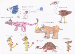 Size: 606x439 | Tagged: safe, artist:star dragon, derpibooru import, cranky doodle donkey, flam, flim, gilda, pipsqueak, princess cadance, shining armor, spitfire, animal, simple background, species swap, traditional art, white background