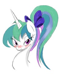 Size: 847x956 | Tagged: safe, artist:zev, princess celestia, alicorn, pony, alternate hairstyle, blushing, ponytail, solo