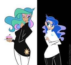 Size: 1024x942 | Tagged: safe, artist:egophiliac, princess celestia, princess luna, cake, clothes, humanized, moderate dark skin, sweater