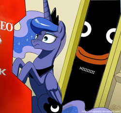 Size: 600x560 | Tagged: safe, artist:johnjoseco, princess luna, alicorn, pony, crown, detailed background, door, dragonball z abridged, exploitable meme, female, horn, jewelry, mare, meme, mr. popo, neo geo, neo geo celestia, purple coat, raised hoof, raised leg, regalia, sitting, two toned mane, two toned tail, wings