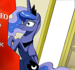 Size: 600x560 | Tagged: safe, artist:johnjoseco, princess luna, alicorn, pony, crown, detailed background, door, exploitable, exploitable meme, female, horn, jewelry, mare, meme, neo geo celestia, purple coat, raised hoof, raised leg, regalia, sitting, two toned mane, two toned tail, wings