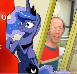 Size: 583x560 | Tagged: safe, princess luna, alicorn, pony, crown, detailed background, door, exploitable meme, female, gamer luna, horn, jewelry, keith apicary, mare, meme, neo geo, neo geo celestia, purple coat, raised hoof, raised leg, regalia, screwattack.com, sitting, two toned mane, two toned tail, wings