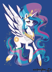 Size: 712x977 | Tagged: safe, artist:jolly-nihilist, princess celestia, alicorn, pony, crown, female, horn, mare, multicolored mane, multicolored tail, solo, white coat, white wings, wings