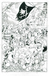 Size: 900x1393 | Tagged: safe, artist:andypriceart, idw, angel bunny, applejack, fluttershy, pinkie pie, princess celestia, princess luna, rainbow dash, rarity, twilight sparkle, alicorn, earth pony, pegasus, pony, unicorn, spoiler:comic13, bicorne, cover, hat, mane six, monochrome, pirate, pirate ship, ship, treasure, treasure chest