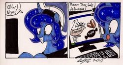 Size: 1467x772 | Tagged: safe, artist:newyorkx3, prince artemis, princess luna, alicorn, pony, bait and switch, candy, computer, nips, rule 63, traditional art