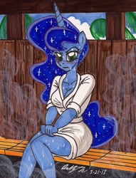 Size: 923x1210 | Tagged: safe, artist:newyorkx3, princess luna, anthro, bathrobe, blushing, cleavage, clothes, female, robe, sauna, solo, sweat, traditional art