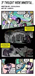 Size: 850x1868 | Tagged: safe, artist:labba94, artist:szafalesiaka, princess celestia, twilight sparkle, twilight sparkle (alicorn), oc, oc:tom the crab, alicorn, crab, pony, comic, creepy, ethereal mane, female, giant crab, grave, gravestone, graveyard, immortality, immortality blues, implied death, implied shipping, lesbian, mare, possessive, princess molestia, rainbow dash always dresses in style, shipping, twilestia, twilight will outlive her friends, wide eyes