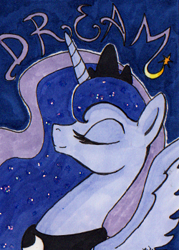 Size: 250x350 | Tagged: dead source, safe, artist:nikkiwardart, princess luna, alicorn, pony, card, eyes closed, female, mare, solo, text