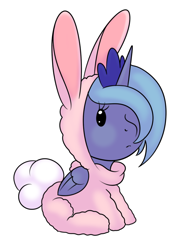 Size: 700x900 | Tagged: safe, artist:kloudmutt, princess luna, alicorn, pony, bunny costume, bunny pajamas, clothes, filly, simple background, sitting, solo, woona