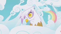 Size: 1280x720 | Tagged: safe, derpibooru import, screencap, gilda, griffon, griffon the brush off, birds doing bird things, griffons doing bird things, solo, stare