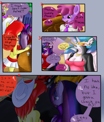 Size: 826x967 | Tagged: safe, artist:reneesdetermination, berry punch, berryshine, princess celestia, twilight sparkle, oc, anthro, comic:heart burn, abs, comic, muscles