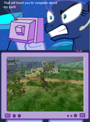 Size: 367x500 | Tagged: safe, princess luna, alicorn, dinosaur, pony, exploitable meme, gamer luna, jurassic park, jurassic park operation genesis, meme, tv meme