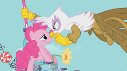 Size: 1280x720 | Tagged: safe, derpibooru import, screencap, gilda, pinkie pie, earth pony, griffon, pony, griffon the brush off, bullying, flying contraption, helicopter, pinkiecopter, scared