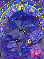 Size: 1024x1374 | Tagged: safe, artist:hallowgazer, princess luna, alicorn, pony, eyes closed, female, horn, mare, solo