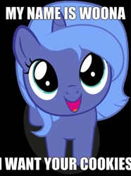 Size: 771x1037 | Tagged: safe, princess luna, alicorn, pony, cute, filly, image macro, lunabetes, woona