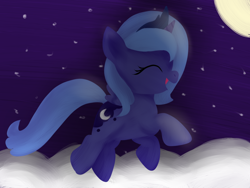 Size: 1024x768 | Tagged: safe, artist:toponyornottopony, princess luna, alicorn, pony, cloud, eyes closed, filly, flying, solo, woona