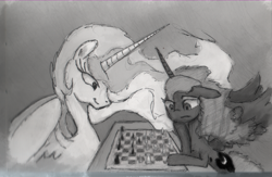 Size: 800x520 | Tagged: safe, artist:hewison, princess celestia, princess luna, alicorn, pony, chess, chessboard incorrectly oriented, duo, grayscale, monochrome