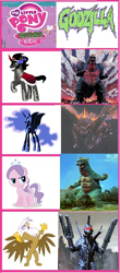 Size: 350x796 | Tagged: safe, derpibooru import, diamond tiara, gilda, king sombra, nightmare moon, griffon, kaiju, pony, unicorn, 200th godzilla picture, battra, comparison chart, gabara, gigan, godzilla (series), spacegodzilla