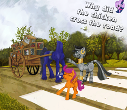 Size: 1700x1479 | Tagged: safe, artist:miradge, princess luna, scootaloo, zecora, alicorn, pony, zebra, scootachicken