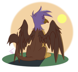 Size: 700x648 | Tagged: safe, artist:mithol, derpibooru import, gilda, griffon, female, looking at you, looking back, looking back at you, solo, spread wings, sunrise, wings