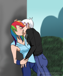 Size: 600x722 | Tagged: safe, artist:itanatsu-chan, derpibooru import, gilda, rainbow dash, female, gildash, humanized, kissing, lesbian, shipping