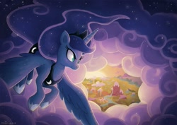 Size: 851x602 | Tagged: safe, artist:tsurime, princess luna, alicorn, pony, cloud, cloudy, flying, scenery, solo, sunset, vertigo