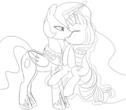 Size: 1000x873 | Tagged: safe, princess celestia, rarity, alicorn, pony, unicorn, female, kissing, lesbian, monochrome, shipping