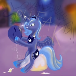 Size: 1280x1275 | Tagged: safe, artist:retl, princess luna, alicorn, pony, balloon, balloon fetish, balloon popping, balloon sitting, fetish, princess loonya, riding