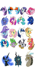 Size: 1847x4000 | Tagged: safe, artist:himanuts, applejack, big macintosh, discord, dj pon-3, fluttershy, nightmare moon, pinkie pie, princess cadance, princess celestia, princess luna, queen chrysalis, rainbow dash, rarity, shining armor, spike, trixie, twilight sparkle, vinyl scratch, zecora, alicorn, changeling, changeling queen, dragon, earth pony, pegasus, pony, unicorn, zebra, bust, male, mane seven, mane six, stallion