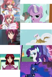 Size: 1680x2500 | Tagged: safe, diamond tiara, gilda, princess luna, rarity, alicorn, griffon, pony, unicorn, chantal strand, exploitable meme, fllay allster, gundam, gundam seed, gundam seed destiny, lacus clyne, lunamaria hawke, marÿke hendrikse, meer campbell, same voice actor, tabitha st. germain