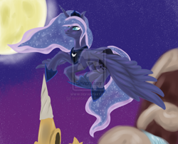 Size: 1024x826 | Tagged: safe, artist:brushdrop, princess luna, alicorn, pony, flying, moon, night, solo, watermark