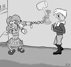 Size: 1100x1035 | Tagged: safe, artist:midnight-wizard, derpibooru import, gilda, pinkie pie, black and white cartoon, humanized, old timey, retro