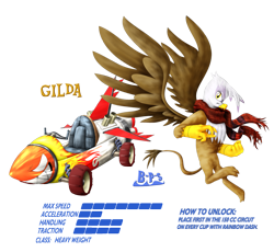 Size: 1969x1811 | Tagged: safe, artist:blue-paint-sea, derpibooru import, gilda, griffon, kart stats, mario kart, parody, ponykart