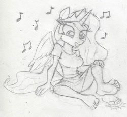 Size: 883x811 | Tagged: safe, artist:dertikleen, princess celestia, anthro, barefoot, feet, fetish, foot fetish, foot tapping, monochrome, music notes, sitting, solo, tapping, traditional art