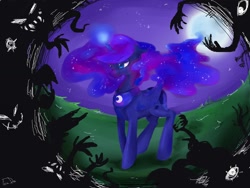 Size: 1400x1050 | Tagged: safe, artist:foxda, princess luna, alicorn, pony, full moon, glowing horn, magic, moon, night, shadow, solo