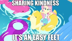 Size: 1920x1080 | Tagged: safe, edit, edited screencap, screencap, fluttershy, better together, equestria girls, i'm on a yacht, caption, element of kindness, feet, fetish, flutterfeet, foot fetish, image macro, kindness, pun, sexy, sharing kindness, song reference, text, theme song, toes, wiggling toes