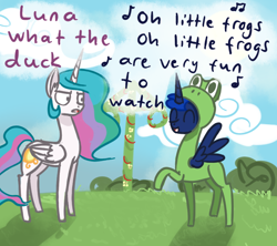 Size: 900x800 | Tagged: safe, artist:talludde, princess celestia, princess luna, alicorn, frog, pony, ask the princess of night, clothes, costume, traditional swedish midsummer dance, tumblr