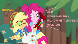 Size: 1280x720 | Tagged: safe, edit, edited screencap, screencap, applejack, pinkie pie, accountibilibuddies, accountibilibuddies: pinkie pie, better together, choose your own ending, equestria girls, broken bone, broken foot, feet, fetish, foot fetish, wat