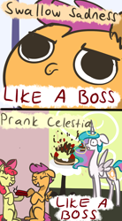 Size: 1056x1920 | Tagged: safe, artist:talludde, apple bloom, princess celestia, scootaloo, alicorn, pony, ask the princess of night, cake, like a boss, prank, the lonely island, this will end in tears and/or a journey to the moon, tumblr