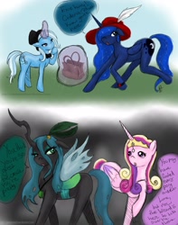 Size: 1698x2152 | Tagged: safe, artist:phantasmicdream, princess cadance, princess luna, queen chrysalis, trixie, alicorn, changeling, changeling queen, pony, comic, odd leg anatomy, oz, oz the great and powerful, parody