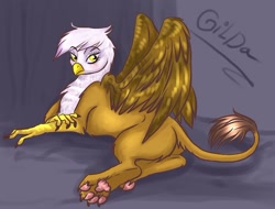 Size: 800x607 | Tagged: safe, artist:donenaya, derpibooru import, gilda, griffon, claws, long nails, looking at you, paws, prone, solo, spread wings