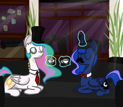 Size: 1280x1120 | Tagged: safe, artist:talludde, princess celestia, princess luna, alicorn, pony, ask the princess of night, hat, monocle, moustache, tea, teacup, top hat, tumblr